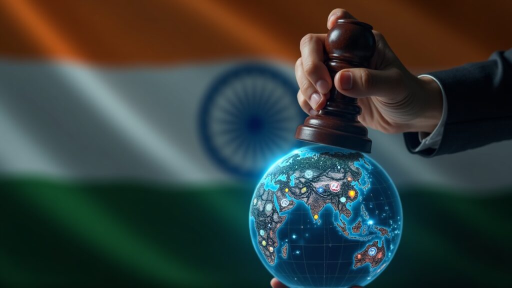 Regulador estampa globo digital con logotipos de cripto, fondo con tonos de la bandera india, señalando el control AML.