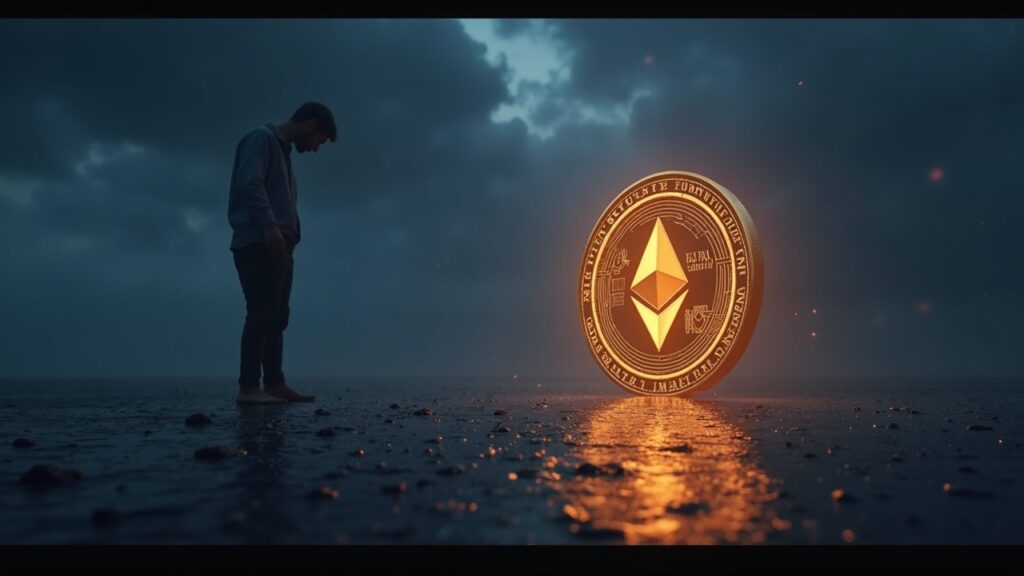 Figura institucional amenazante sobre un token Ethereum luminoso, enfatizando riesgos de concentración y liquidez ETF.