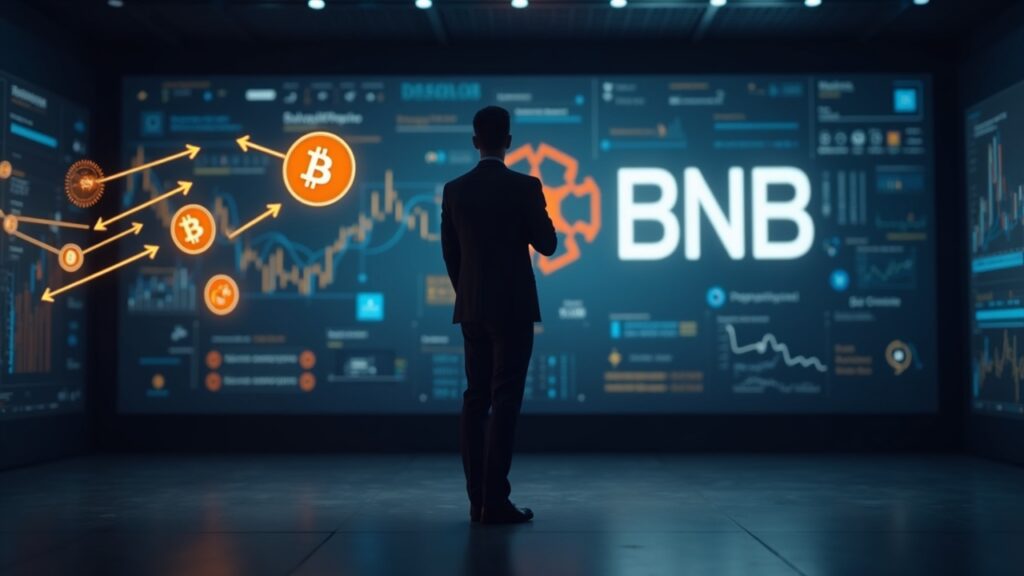 Inversor chino en centro de sala de redacción realista, flechas de Solana hacia el logo de BNB en fondo tecnológico.