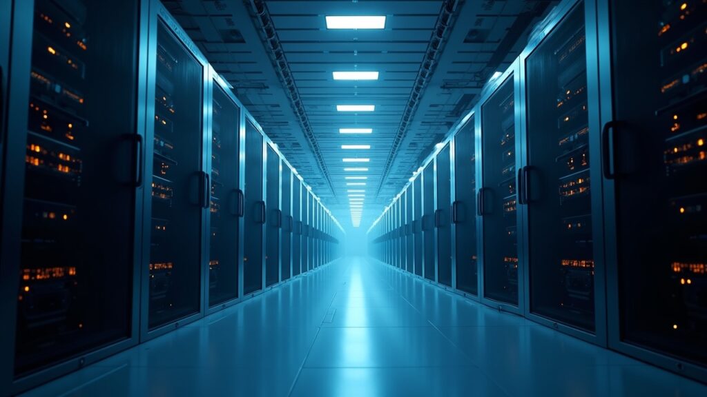 Centro de datos que transforma minería de Bitcoin en GPUs para IA, impulsado por energía renovable, con ambiente futurista.