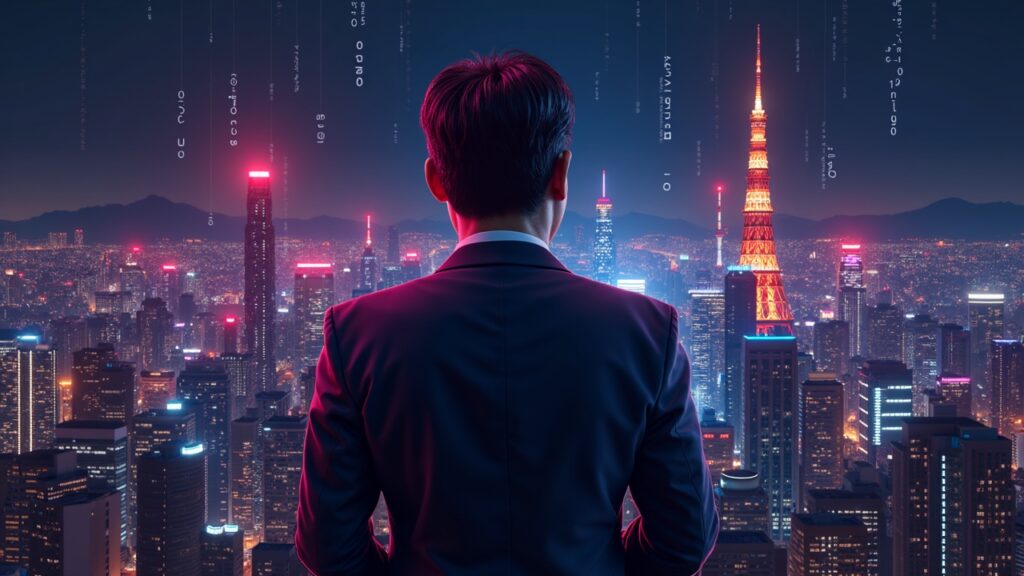 Líder japonés sobre Tokio de neón, con flujos de código blockchain y monedas, simbolizando reformas cripto y hub Web3.