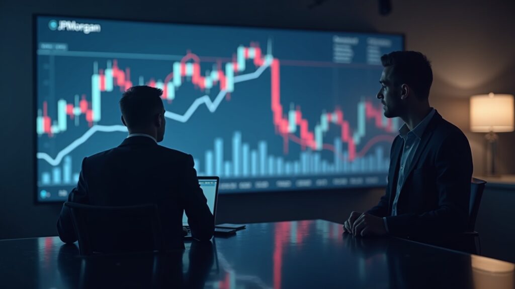 Escena de sala de redacción realista: gráfico de criptomonedas en descenso, silueta de inversor minorista y logo discreto de JPMorgan al fondo.