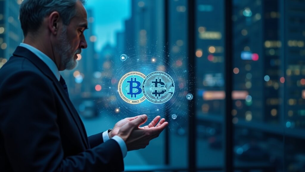 JPMorgan permitirá a bancos y fondos pedir préstamos con Bitcoin y Ethereum como garantía Ejecutivo de Wall Street observa BTC y ETH como colateral en una pantalla de préstamos, con skyline urbano.