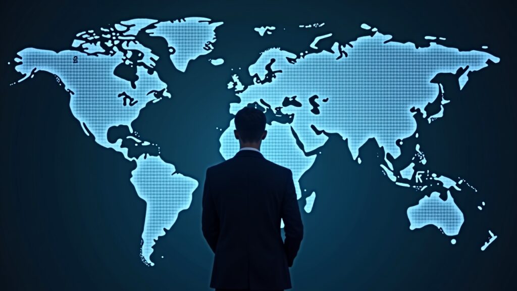 Directivo fintech central ante mapa holográfico destacando 140+ países, contratos de evento flotantes y estética cripto.