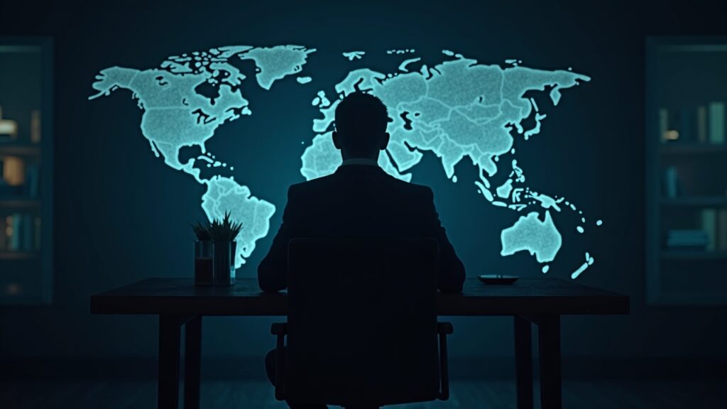Ejecutivo de exchange cripto en oficina, contrato iluminado y mapa regulatorio de EE. UU.