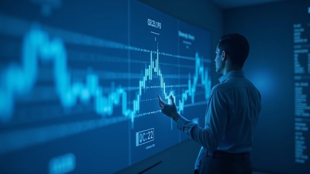Ejecutivo cripto ante gráficos holográficos de trading, mostrando crecimiento y preparación para IPO, en paleta azul y blanca.