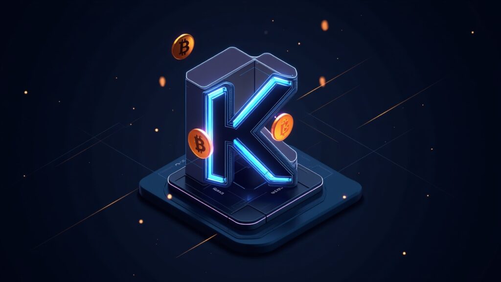 Rig de minería futurista con logo de KuCoin, monedas DOGE y LTC brillantes y silueta de BTC