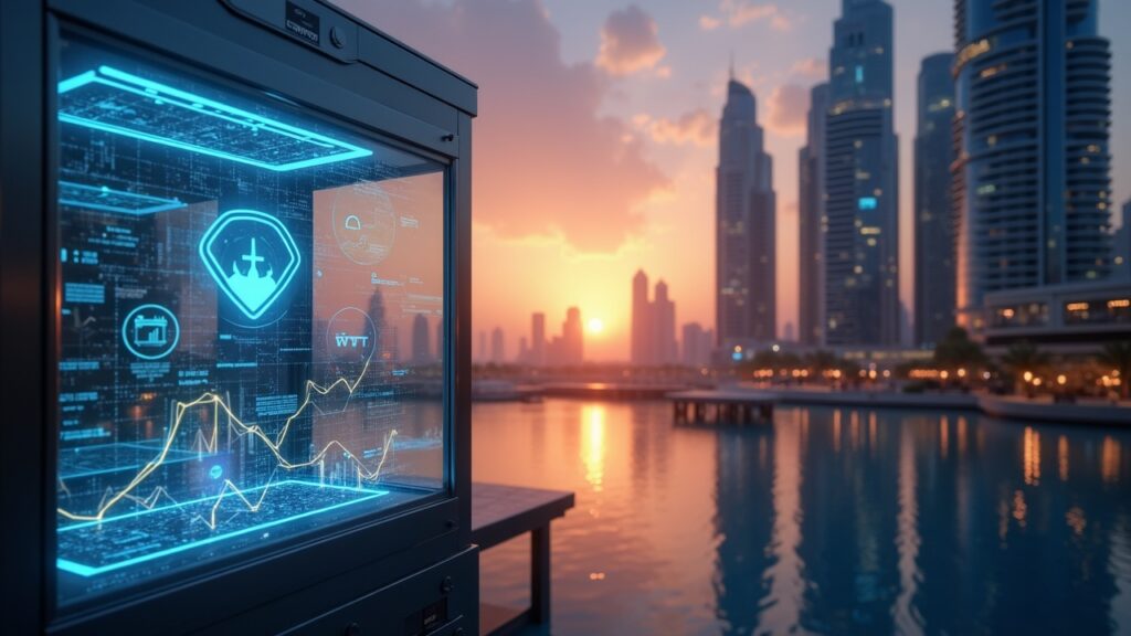 Distrito financiero de Dubái al atardecer, bóveda de vidrio con activos digitales y dashboards fintech, simbolizando la licencia regulada de Bybit.