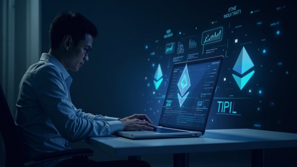 Trader profesional ante escritorio; gráficos holográficos de custodia ETH L1 y circuitos ZK junto al logo de Lighter.