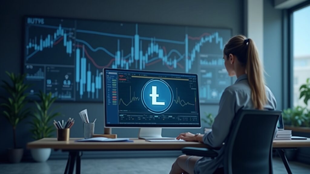 Litecoin explicado: un activo digital resistente para el largo plazo Photoreal image of a financial advisor at a clean desk, Litecoin logo on a monitor, icons and charts in the background.