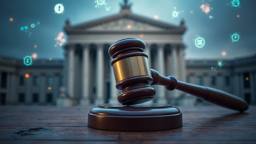 Fachada del tribunal de Londres con iconos de activos digitales y un mazo simbolizando la acción de la FCA contra HTX