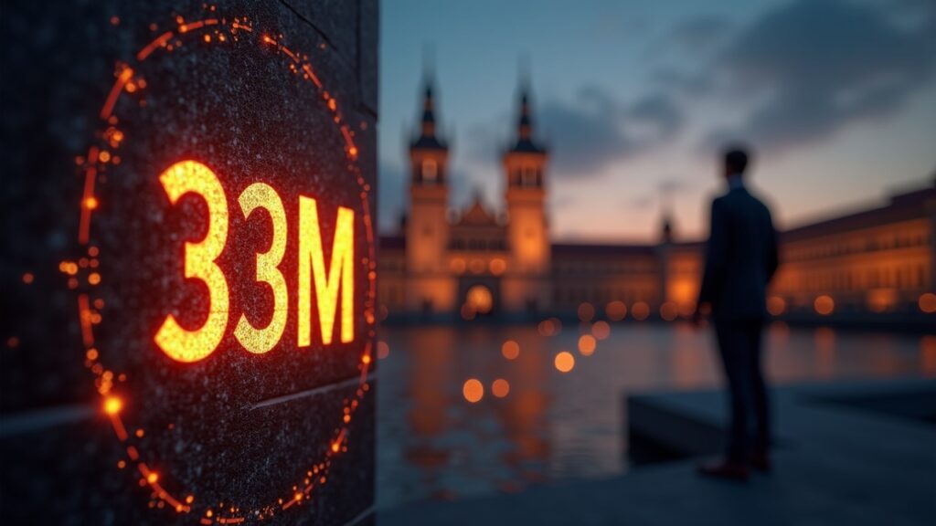 Parlamento de Malta de fondo; libro mayor 33M en primer plano y cintas de blockchain dirigidas a una silueta de regulador.