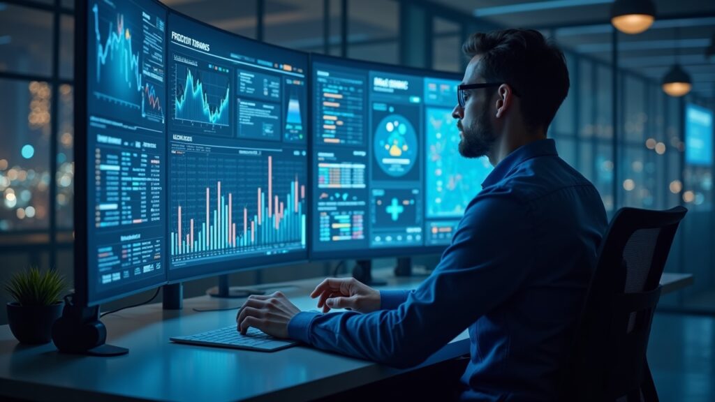 Trader de criptomonedas en una mesa elegante, con gráficos holográficos que fusionan cultura pop y Wall Street.