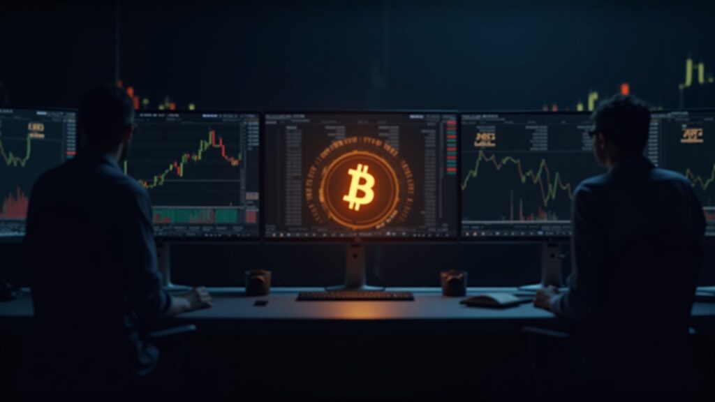 Mesa de trading con múltiples monitores y gráficos de BTC, símbolo 10000 BTC, para ilustrar compra institucional rápida.