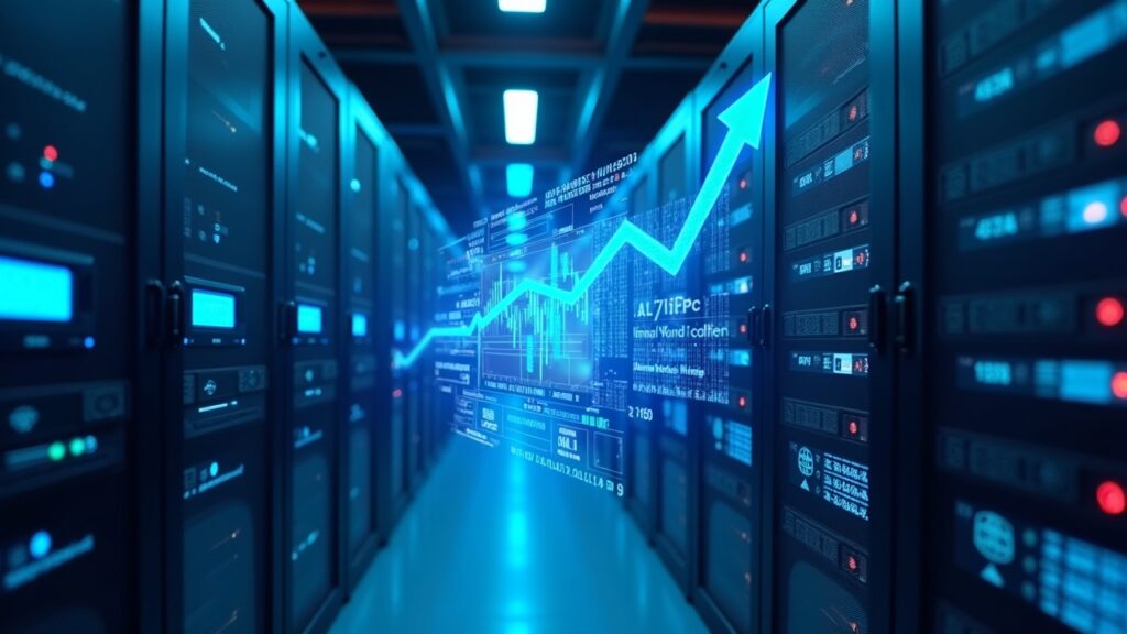Racks de minería de Bitcoin en un centro de datos, con gráfico de capitalización ascendente y holograma IA/HPC, luz azul.