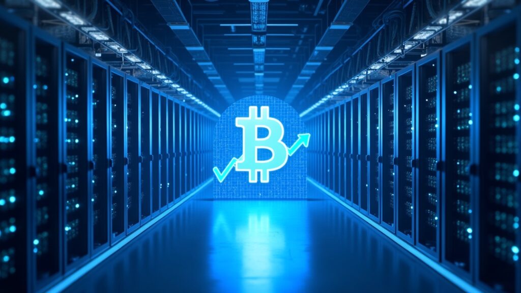 Complejo de minería de Bitcoin reconvertido a cargas de HPC/IA, filas de racks, torres de enfriamiento, neón azul y gráficos ascendentes