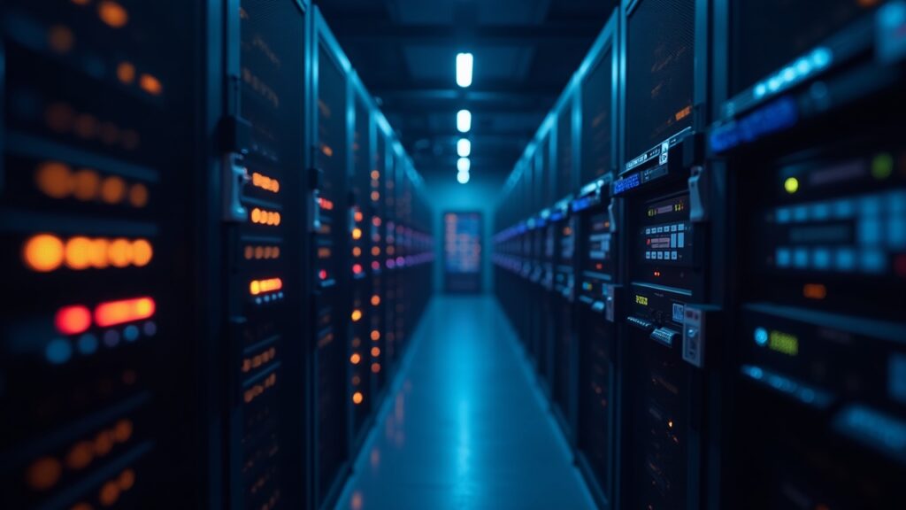 Rack de servidores EVM acelerando, estelas de luz y medidor de latencia descendente, contraste noche-día.