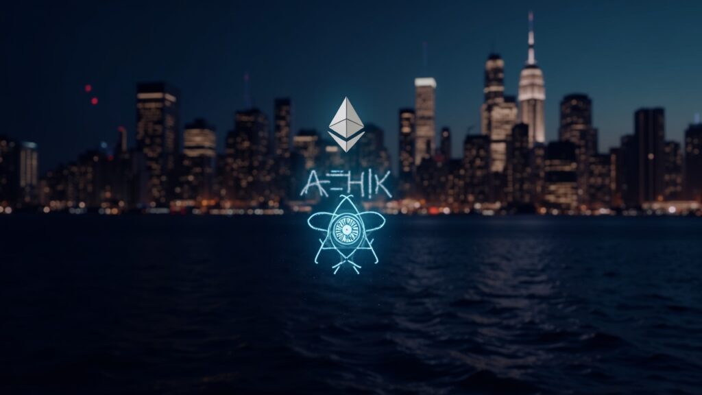 Nodo de staking cripto fotorrealista con ETH y ATOM brillantes, skyline de Nueva York y sello NYDFS.