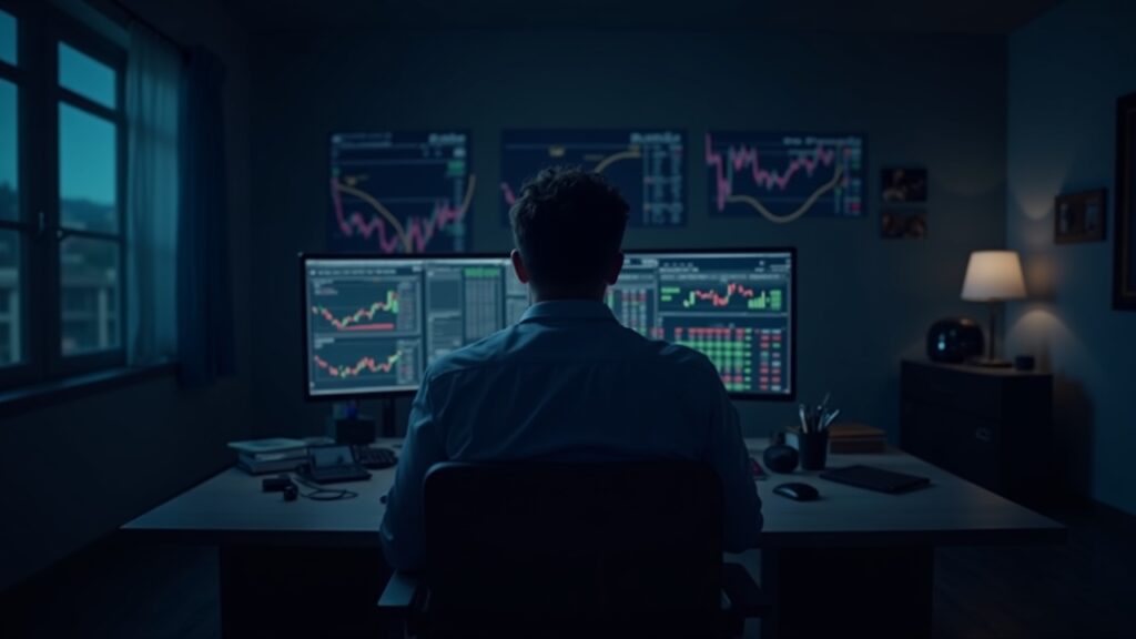 Trader institucional ante pantallas con opciones cripto y futuros, branding Nomura Laser Digital.