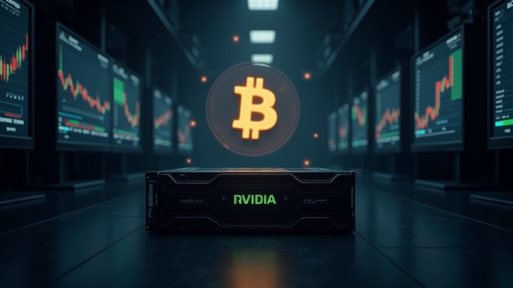 Nvidia alcanza los 5 billones de dólares de valor bursátil GPU rack in a data center with a dimmed Bitcoin icon and stock charts, illustrating AI-led centralization vs crypto.