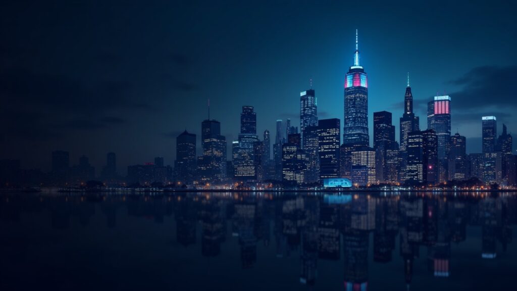 Horizonte de Nueva York con nodos de blockchain y tablero de staking, destacando acceso regulado al staking en NY.