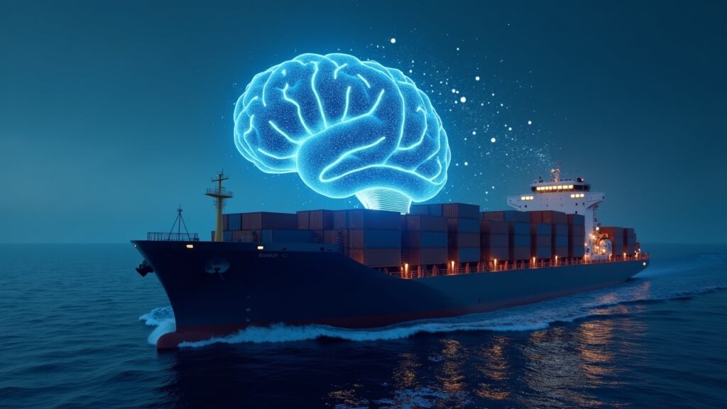 OceanPal anuncia se propia área de inteligencia artificial Buque de carga con cerebro de IA luminoso fusionándose con nodos blockchain y símbolos NEAR en el mar.