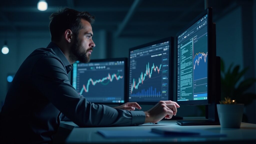 Trader fotorealista ante pantallas con desbloqueos de ATH, APT y LINEA y calendario oct-2025