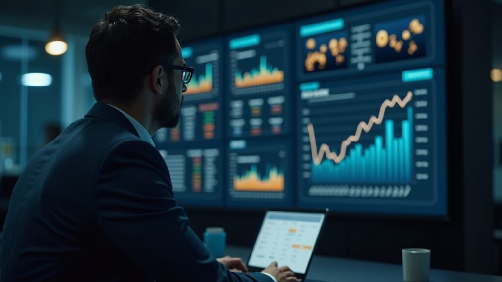 Oranjebtc de Brasil Anuncia Agresiva Recompra de Tokens Buscando Estabilizar su Valor de Mercado Ejecutivo de tesorería cripto en Brasil revisa un tablero de recompra con monedas digitales y un gráfico en ascenso.