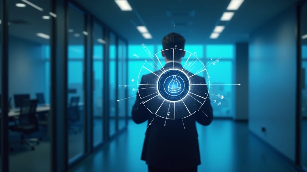 Profesional fintech en oficina: orbe holográfico fusiona Polygon y AlloyX con una bóveda de Standard Chartered.