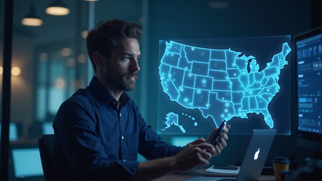 Retrato de un fundador fintech, con gráficos holográficos y mapa de EE. UU., señalando relanzamiento de Polymarket.