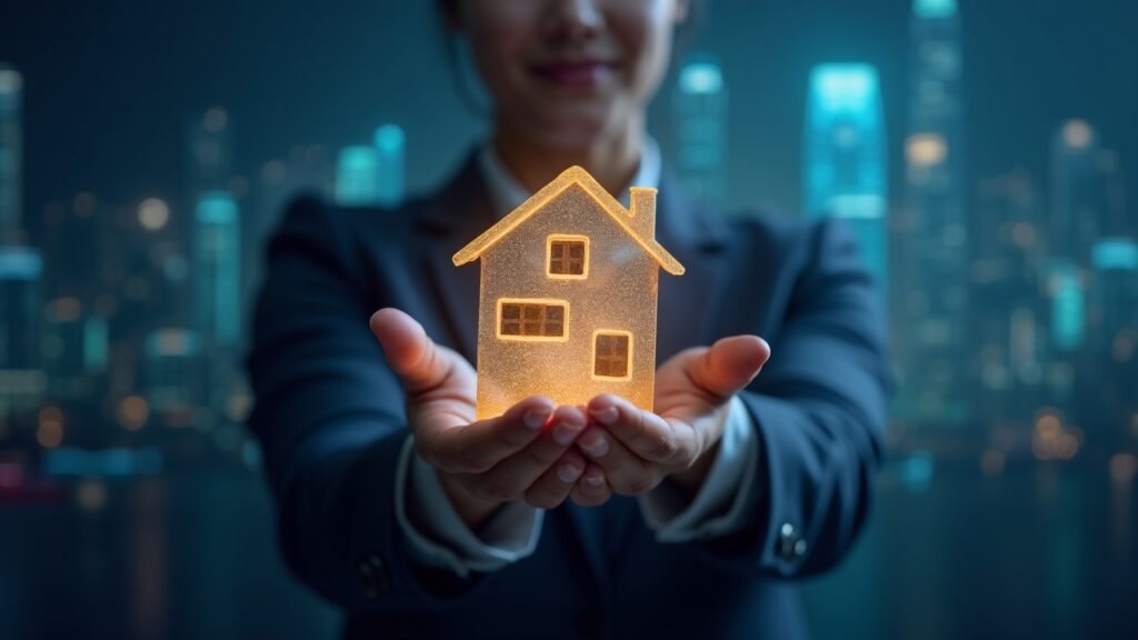 Profesional inmobiliario sostiene un token de escritura luminoso, skyline urbano futurista y una red blockchain.