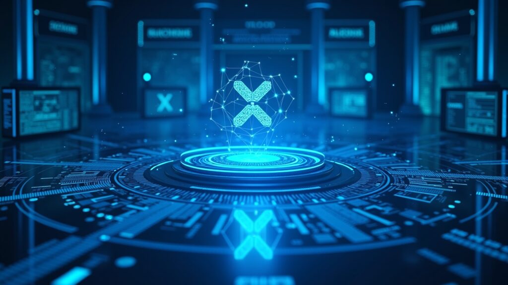 Qwen de Alibaba omite previsiones para XRP, Dogecoin y Solana en noviembre de 2025 Sala de noticias cripto con interfaz de IA proyectando precios de XRP, DOGE y SOL, tono azul y fondo regulatorio.