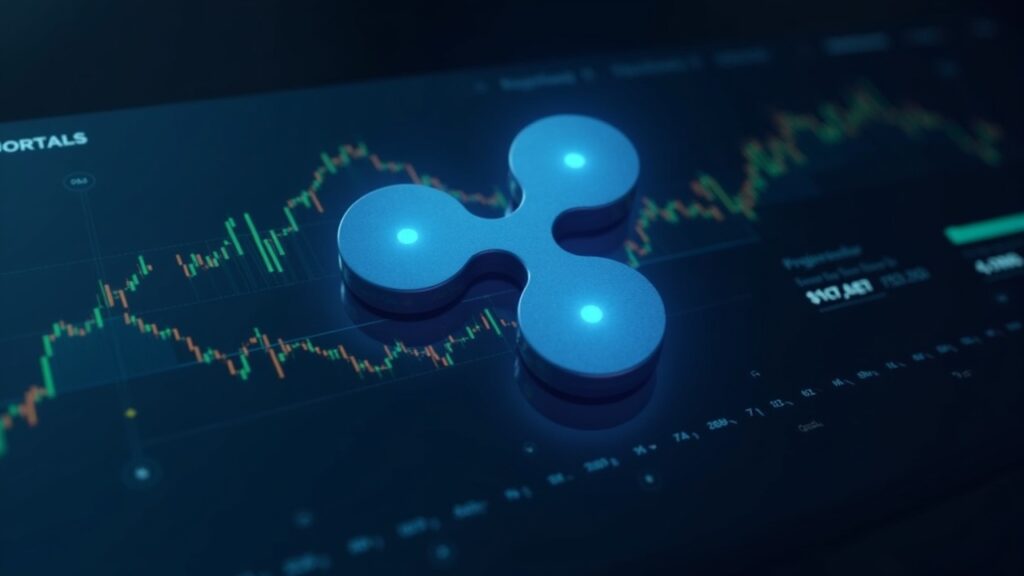 Logotipo de Ripple sobre un tablero de tesorería corporativa, con líneas de liquidación transfronteriza y bancos.