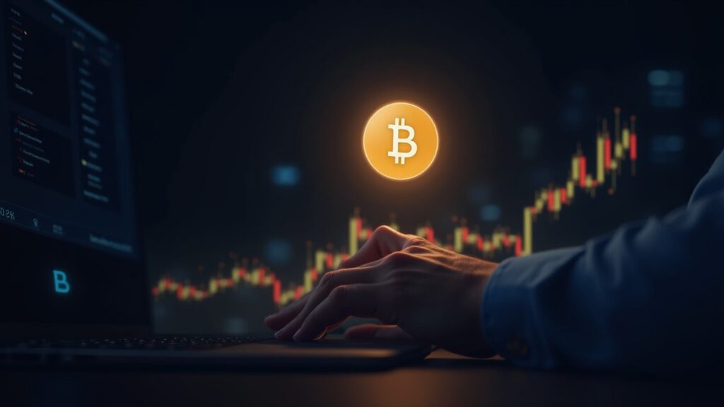 Trader en un escritorio observa gráfico de intercambio cripto con el icono BNB iluminado, sugiriendo mayor liquidez.
