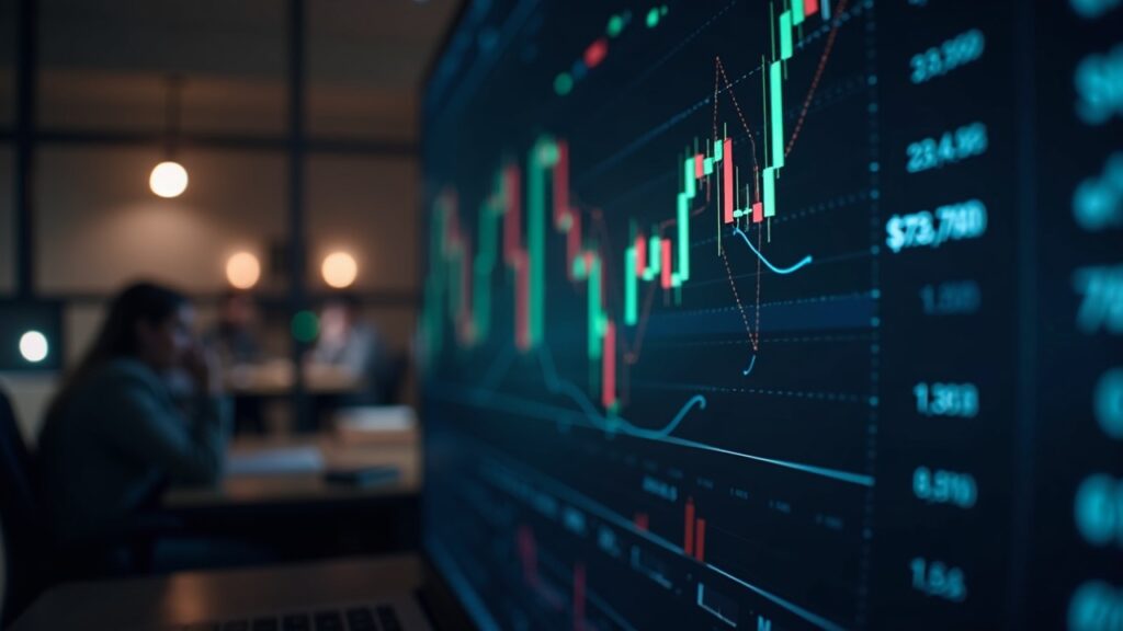 Bitcoin ETFs pierden $490 millones tras mención de BlackRock en un presunto caso de fraude Gráfico de Bitcoin y flujos de ETFs, logo de BlackRock desvaneciéndose, traders institucionales en oficina