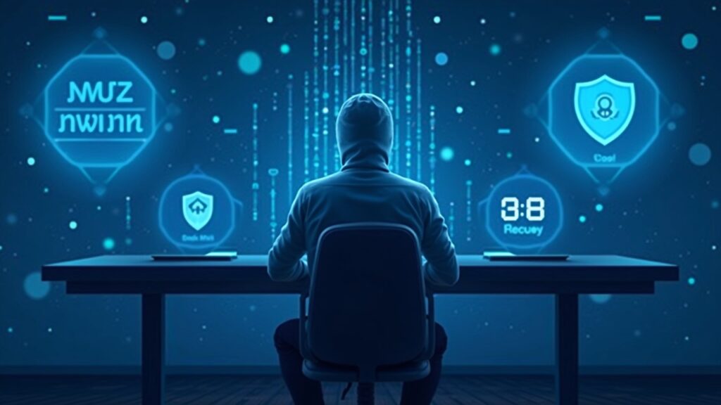 Hacker de sombrero blanco en una mesa de operaciones, hologramas azules de blockchain, emblema Safe Harbor y cuenta atrás de 72 horas.