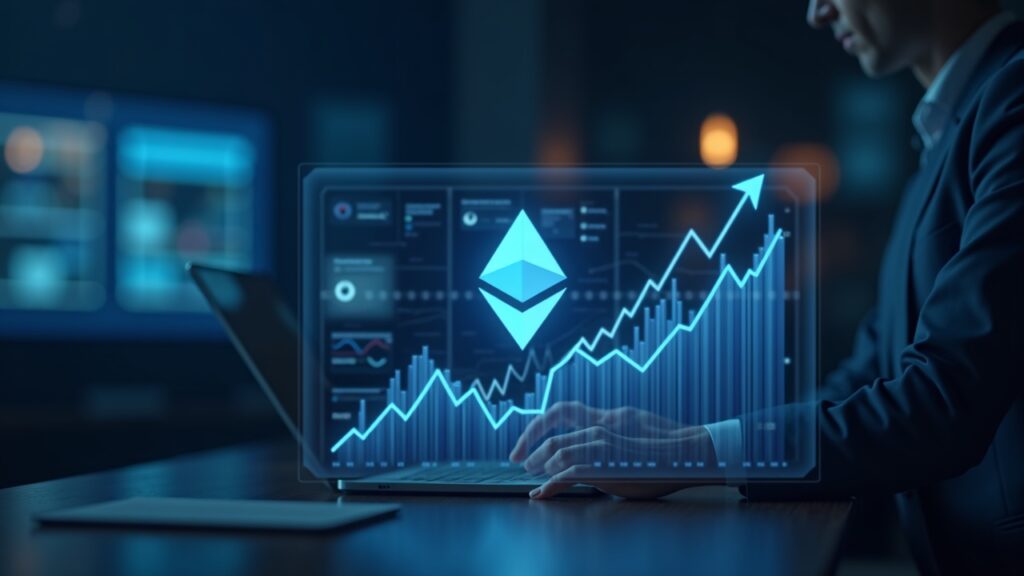 Bernstein prevé 75% de subida para SharpLink Ejecutivo junto a símbolo holográfico de Ethereum y gráfico ascendente, logo de SharpLink, tesorería expuesta a ETH.