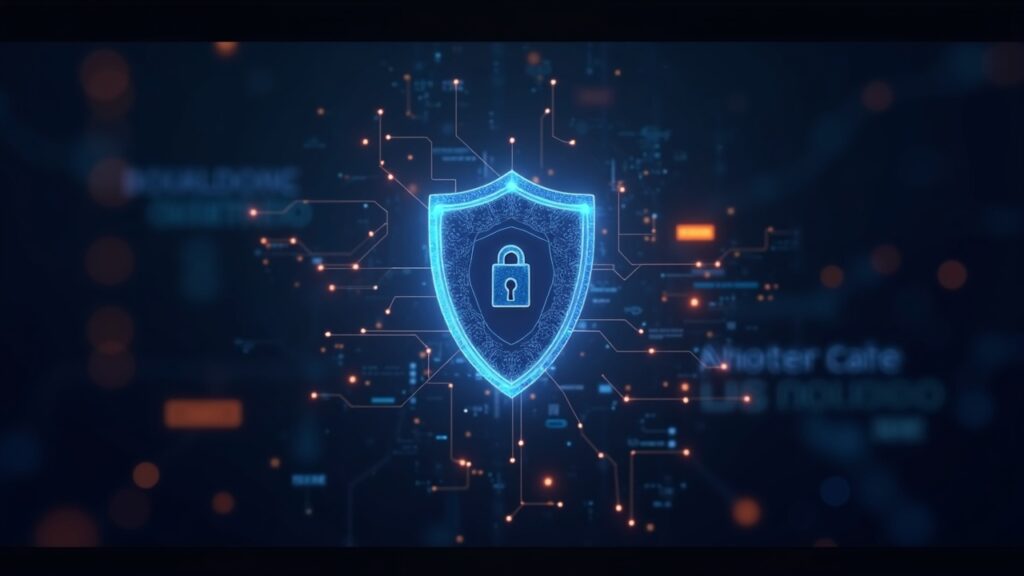 Escudo de llaves múltiples protege una blockchain luminosa, representando cifrado umbral de Shutter y protección MEV.