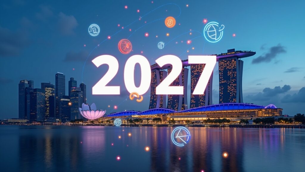 Realistic Singapore skyline with a fading Basel crypto regulation document, a 2027 countdown, and orbiting crypto icons.