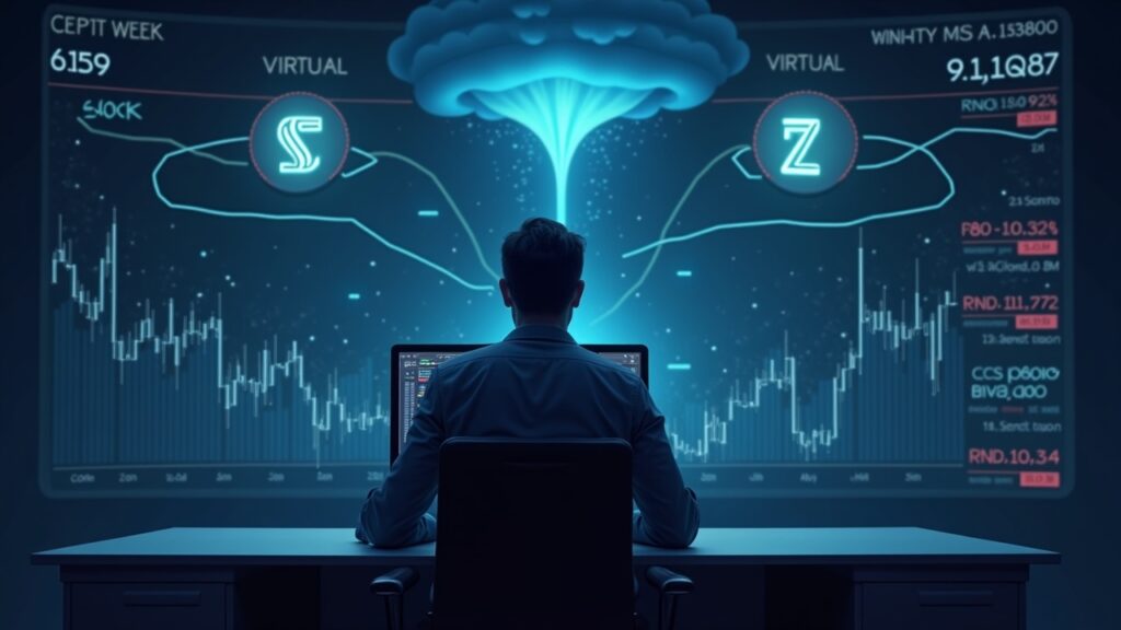 Trader cripto ante gráfico con SOL, ZEC y VIRTUAL orbitando una tormenta de liquidaciones y marcadores rojos de riesgo.