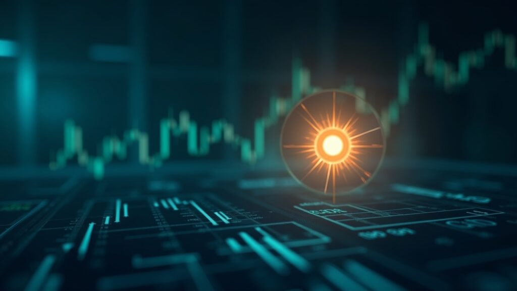 SOL ascendente sobre gráficos de futuros estilo CME, traders institucionales en oficina moderna, tono azul verdoso.