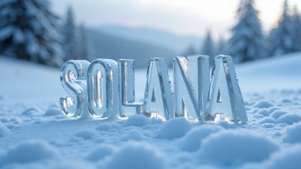 Solana (SOL) bajo presión: Datos on-chain revelan riesgo de «long squeeze» de $548M Logo de Solana encapsulado en hielo, con un gráfico de velas sutil en el fondo y un paisaje urbano invernal, para ilustrar un apriete de precios.