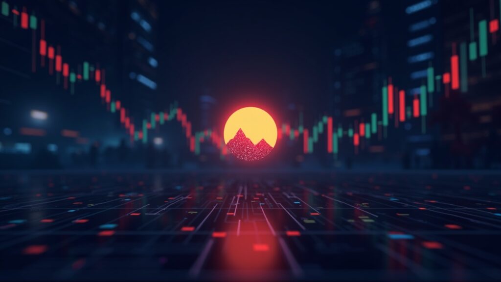 Logotipo de Solana en el centro de una plataforma de trading cripto, gráficos de liquidez y flujos brillantes, símbolo de Alpenglow.
