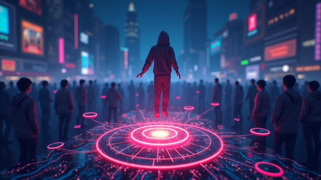 Dare Market: Nueva plataforma en Solana recauda $2 millones para pagar retos virales Figura central ejecuta un truco viral de cripto en un fondo neón de blockchain, monedas cayendo y multitud descentralizada.