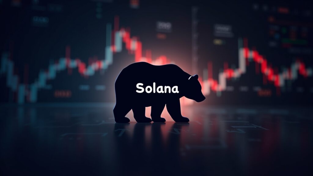 Solana en el centro, trampa alcista de fondo, gráfico con RSI y MACD, y símbolos de staking ETF en iluminación de redacción