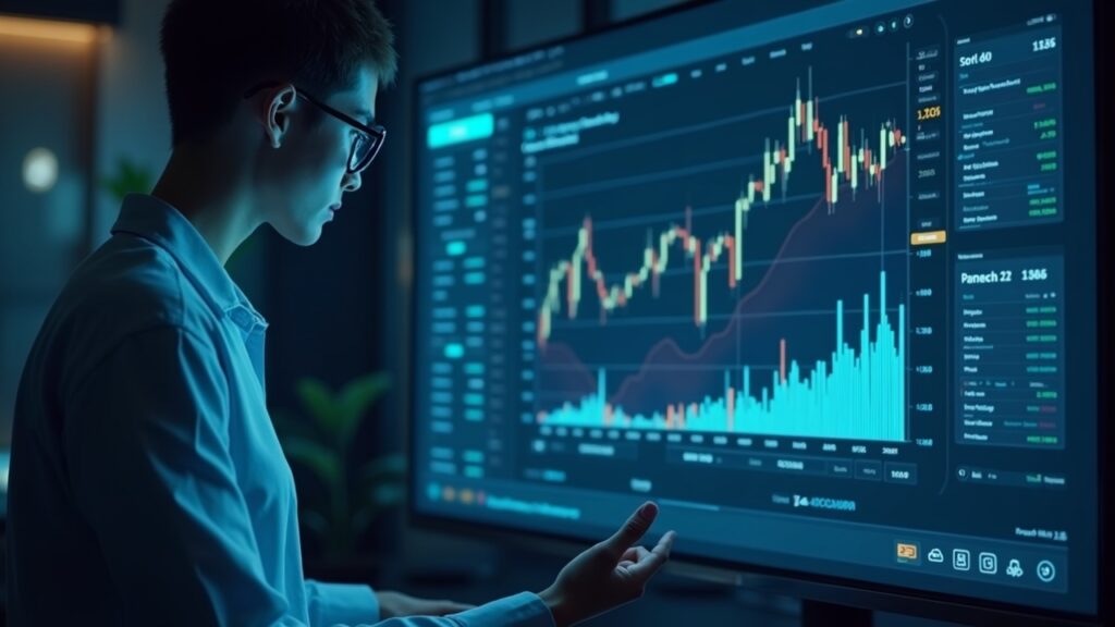 Analista fotorealista ante tablero futurista etiquetado S&P Digital Markets 50, fusiona iconos de cripto y acciones.