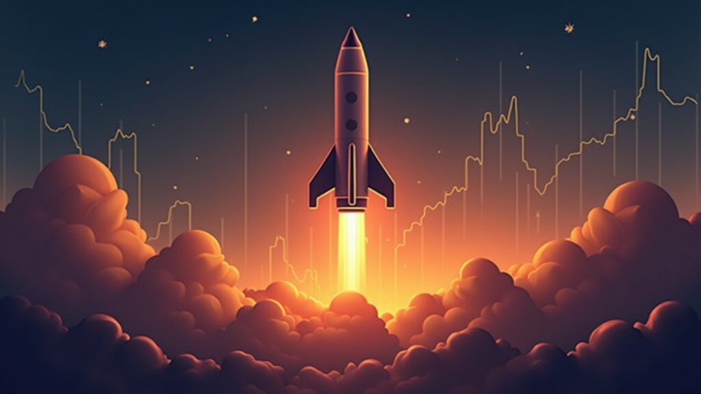 Cohete tipo SpaceX sobre gráfico de Bitcoin, nodos blockchain y reguladores, ilustra liquidez y escrutinio cripto.