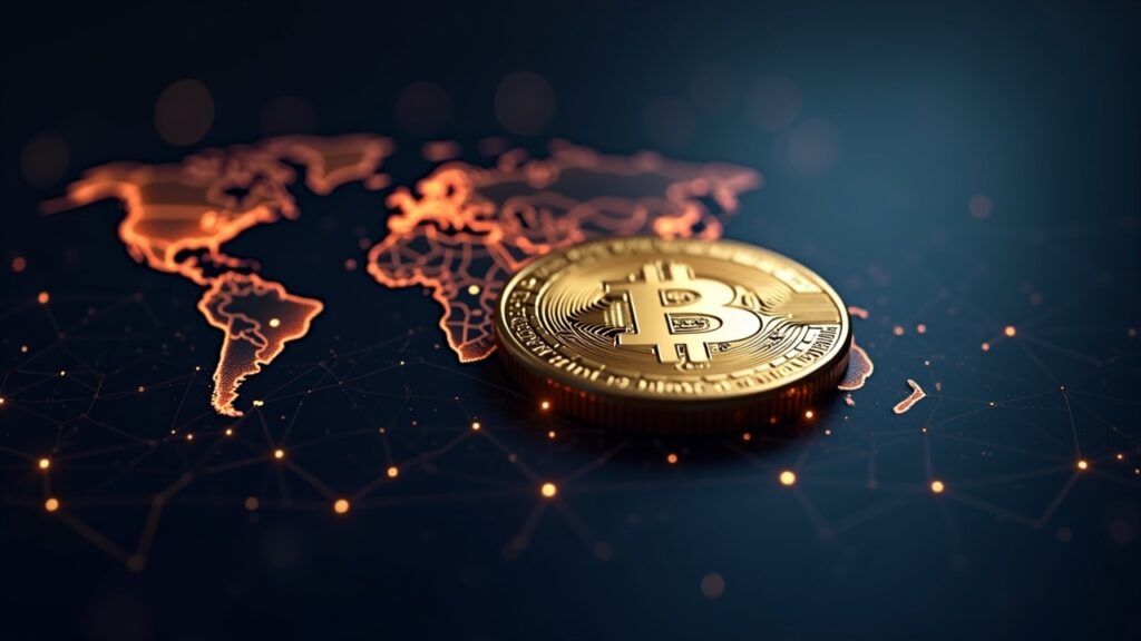 Fotorealista primer plano de una stablecoin sobre un mapa de blockchain iluminado, simbolizando pagos en cadena, colateral y yield.