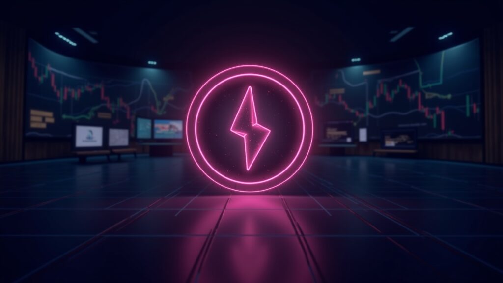 Logo de Stellar en el centro, gráfico de precios descendente en neón sobre una rejilla de mercado digital y fondo de redacción.