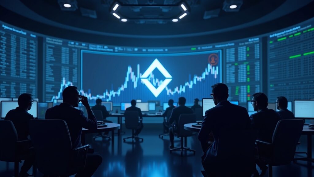 Escena periodística: logo Stellar XLM, gráfico de consolidación post-breakout y volumen creciente con traders institucionales